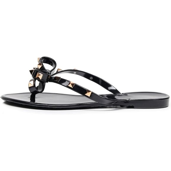 Women’s Black Flat Jelly Flip Flops with Bow and Rivets Summer Beach Sandals - Picture 3 of 9